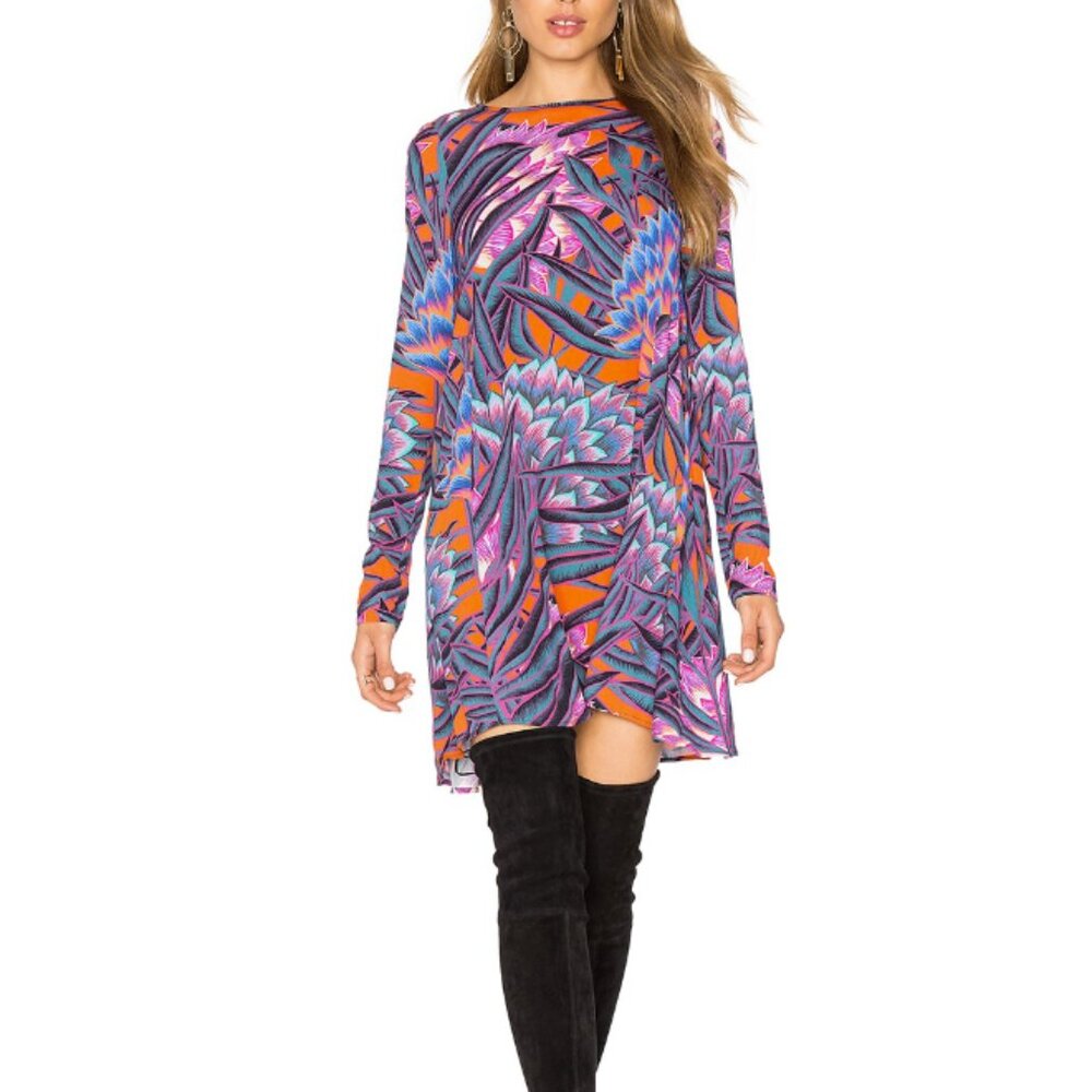 Mara Hoffman Herbarium Persimmon Orange Purple Teal Tropical Leaf Swing Dress